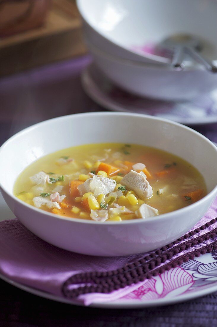 Chicken soup with sweetcorn and carrots