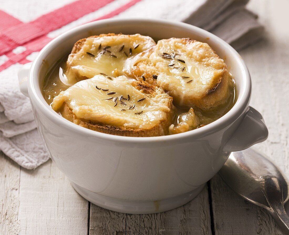 Onion soup with bread, cheese and caraway