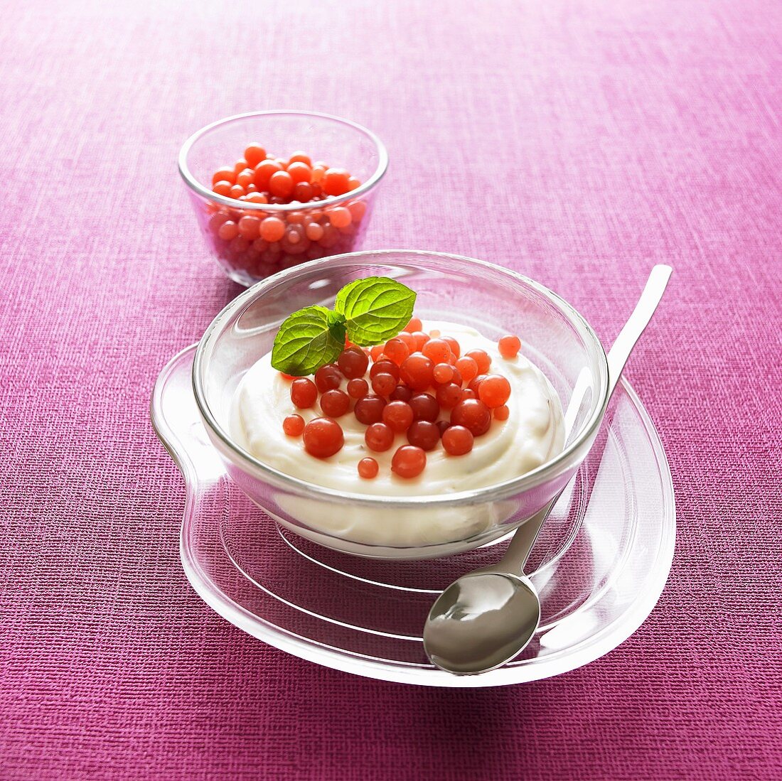 White chocolate mousse with strawberry balls