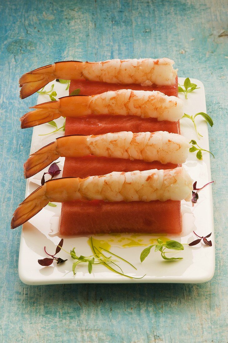 Watermelon and prawn sushimi