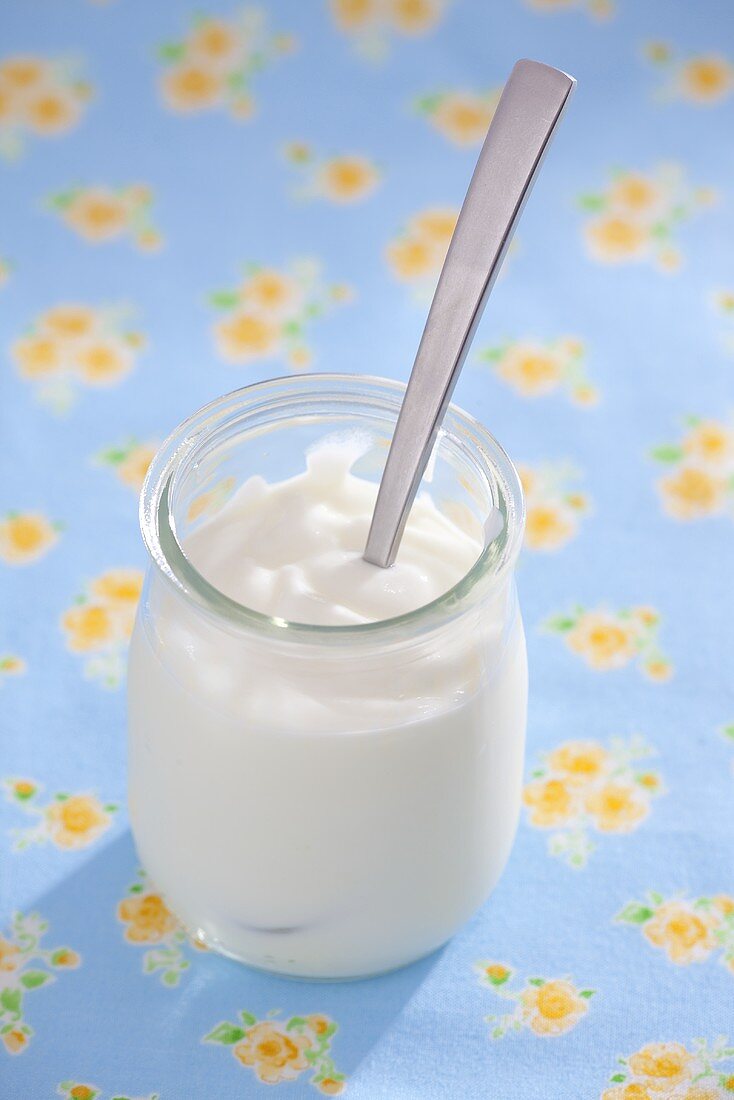 Joghurt in Joghurtglas mit Löffel
