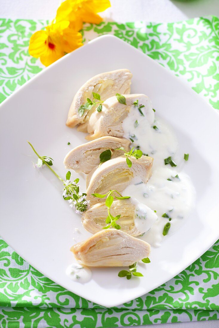 Roasted chicken breast with a yogurt and herb sauce