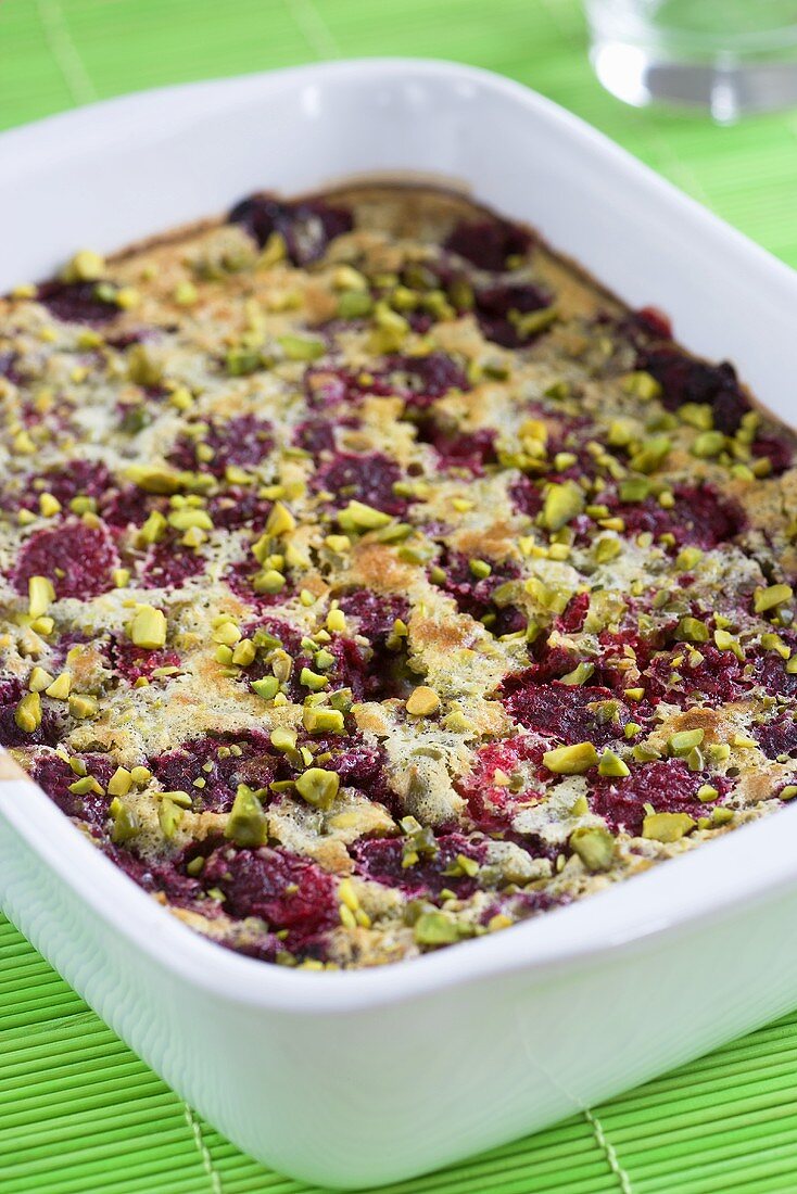 Clafoutis with raspberries and pistachios