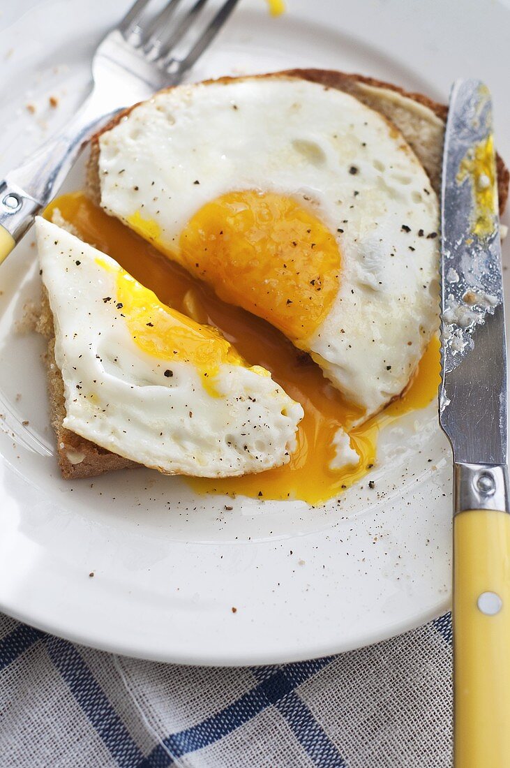 A plate of fried egg on toast with cutlery