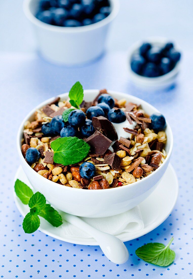 A bowl of muesli with chocolate pieces, blueberries and mint