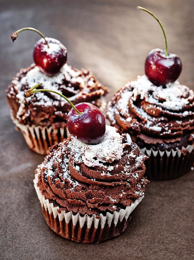 Three Black Forest cherry cupcakes