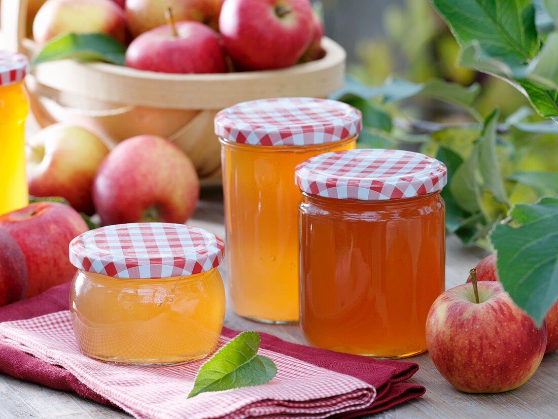 Jars of apple jelly, fresh apples
