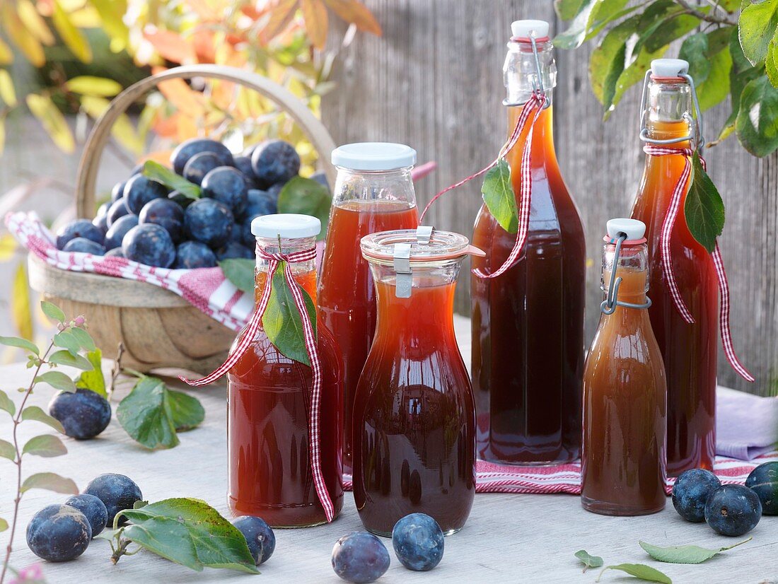 Plum juice in bottles, fresh plums in basket