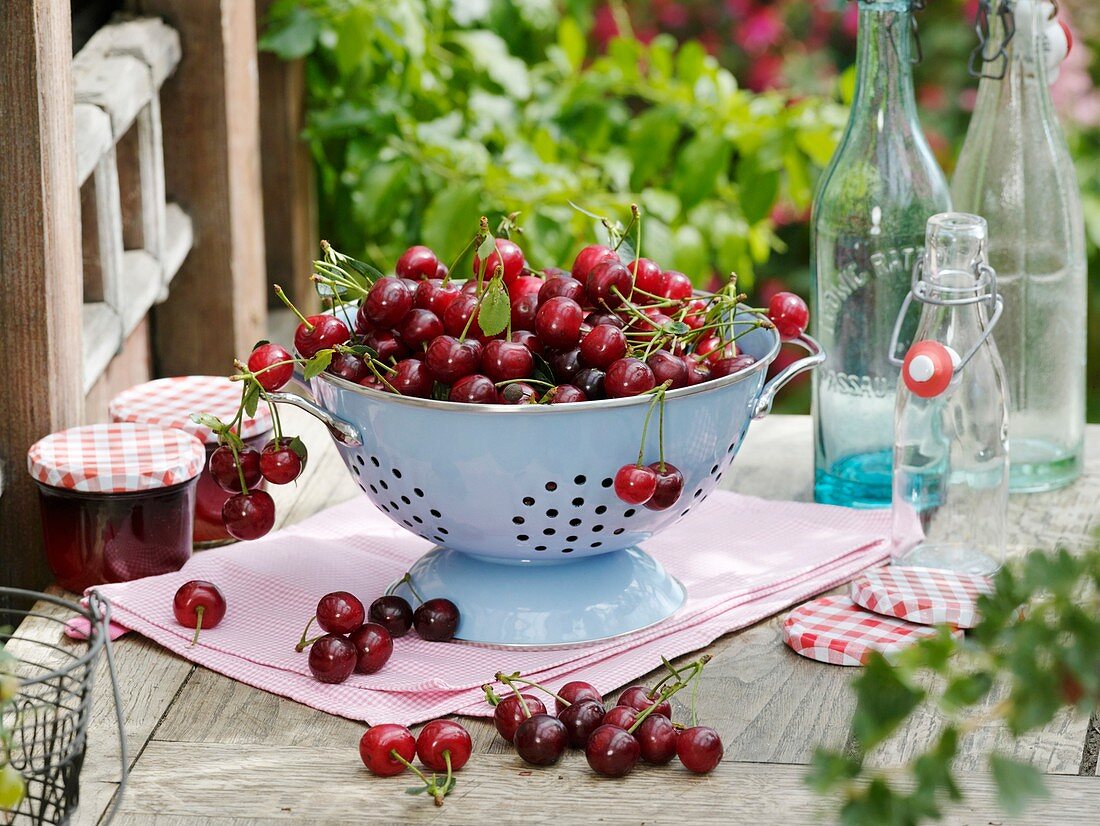 Sour cherries in colander, jars of jam