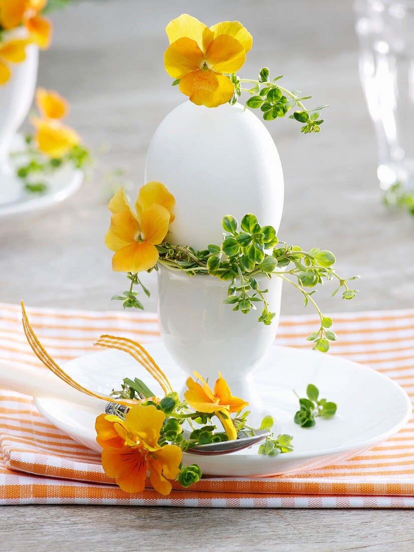 Boiled egg decorated with horned violets and lemon thyme
