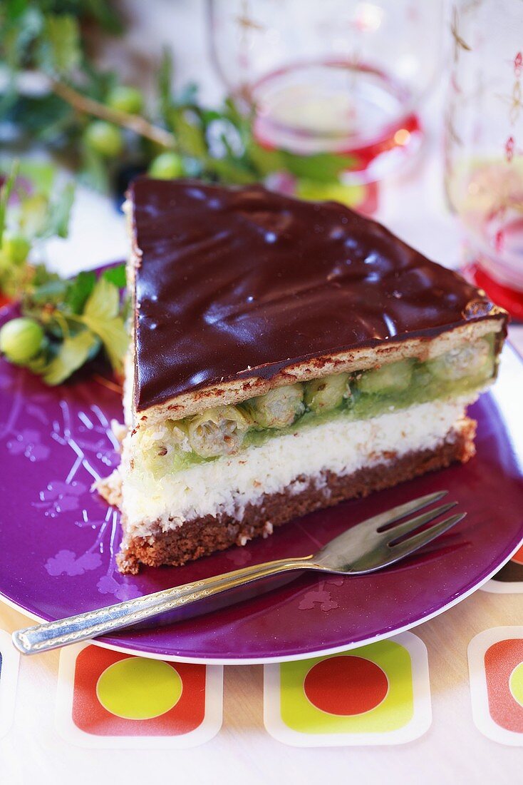 Piece of gooseberry cake with chocolate icing