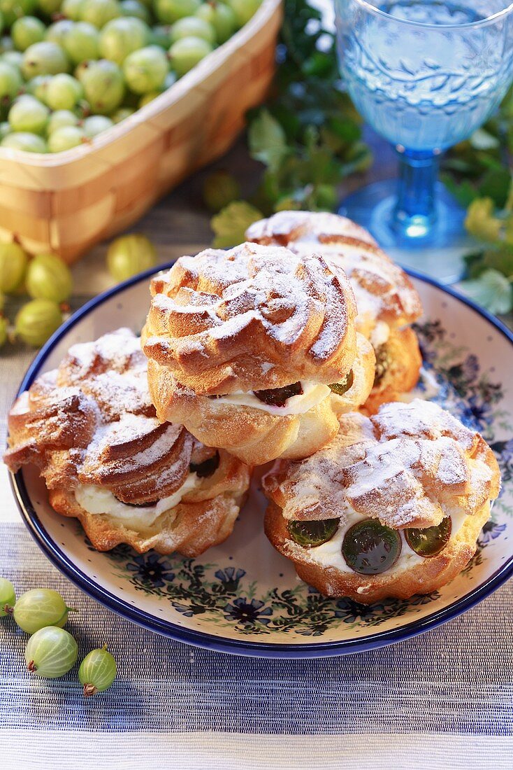 Cream puffs filled with gooseberries and cream