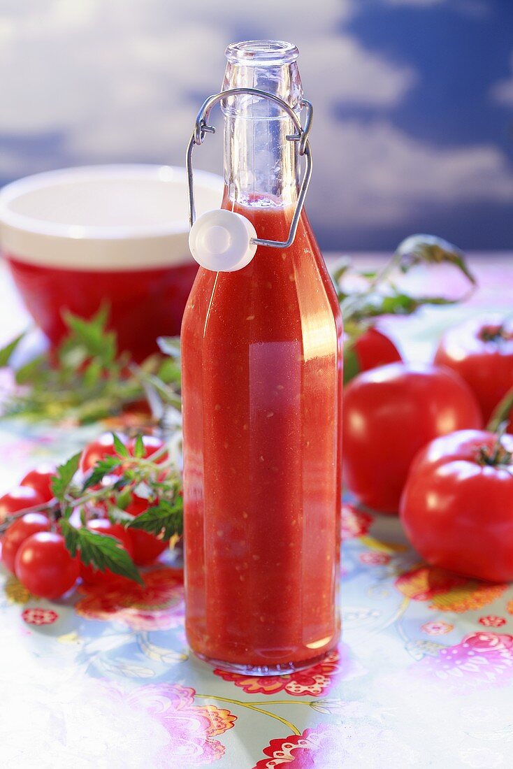 Selbstgemachtes Tomatenketchup in Flasche