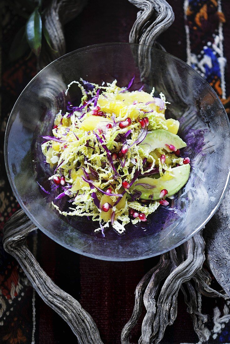 Cabbage salad with avocado and pomegranate seeds