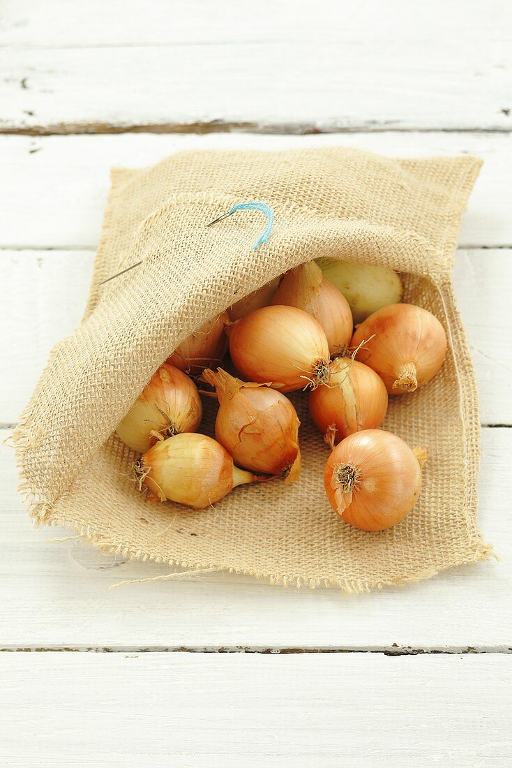 Small onions in a hessian sack