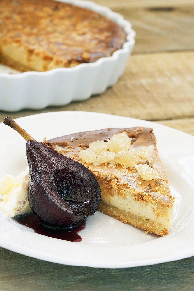 Ginger tart with pear poached in red wine