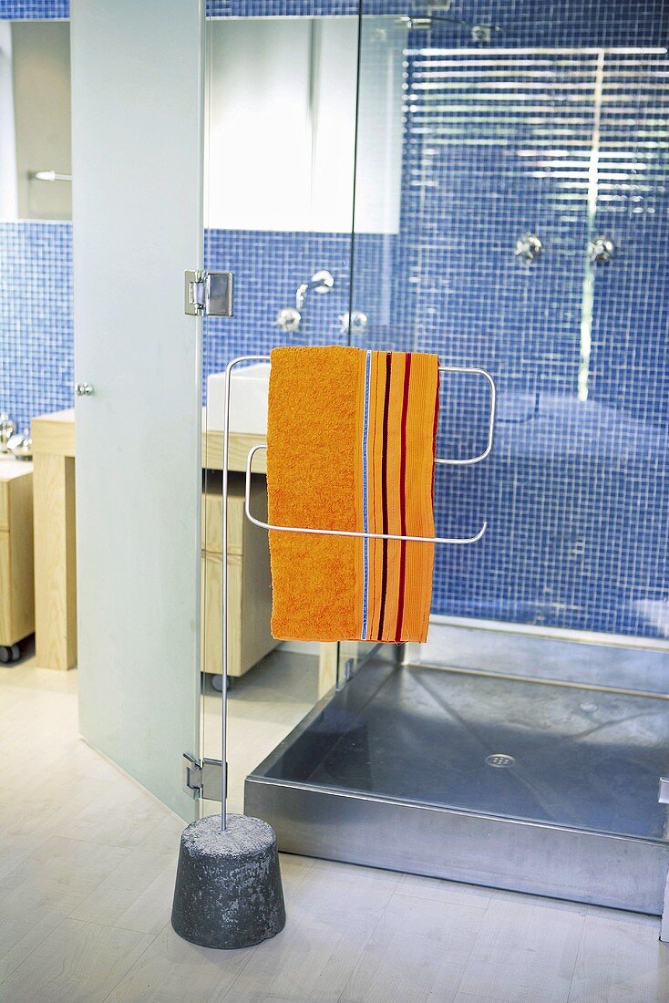 Shower cubicle and metal towel rail