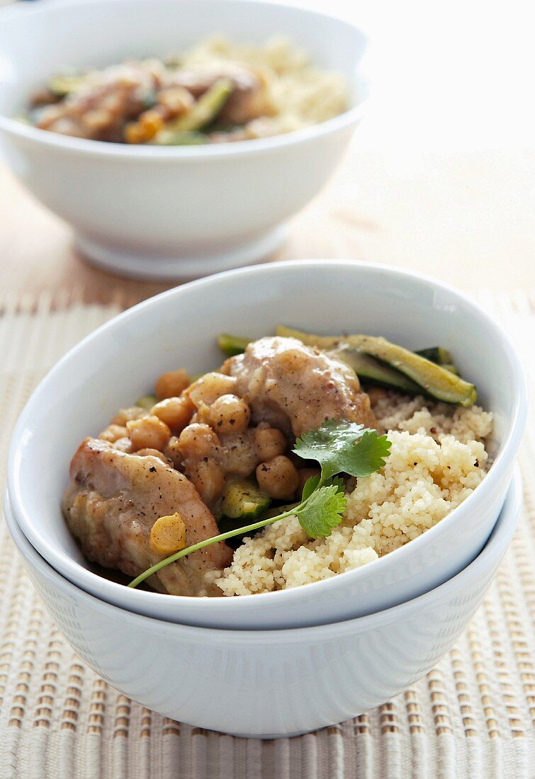 Moroccan chicken dish with chick-peas and couscous