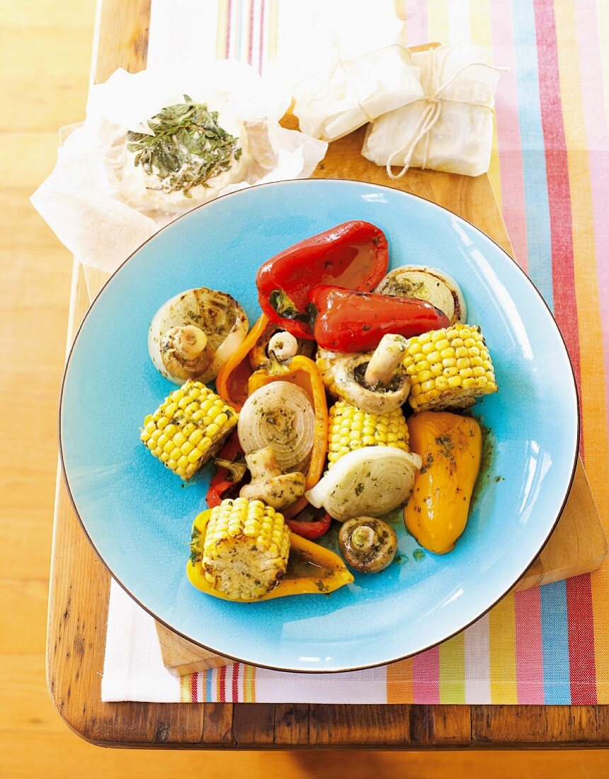 Barbecued vegetables (mushrooms, corn, peppers, onions) with basil & lemon marinade