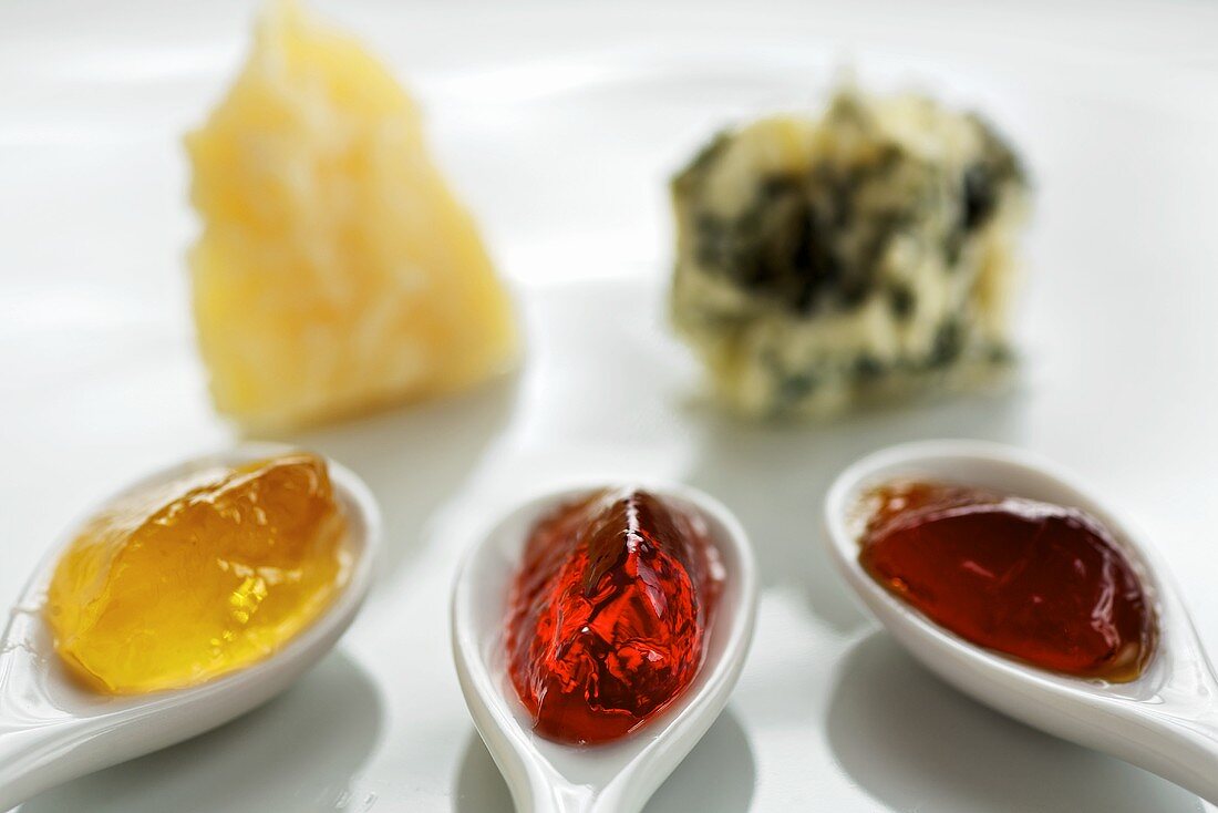 Fruit jellies made with vinegar in spoons, to serve with cheese