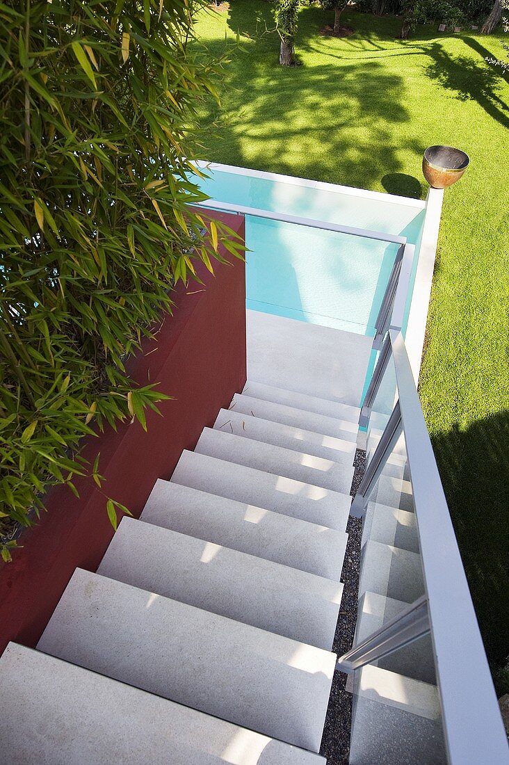 Steps leading into garden (Villa Bamboo, Southern France)