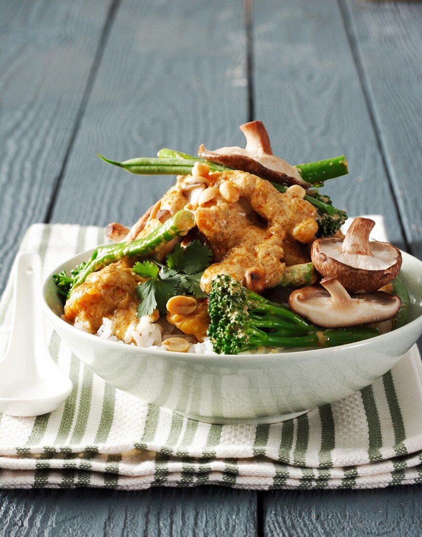 Chicken curry with peanuts, broccoli, mushrooms and rice