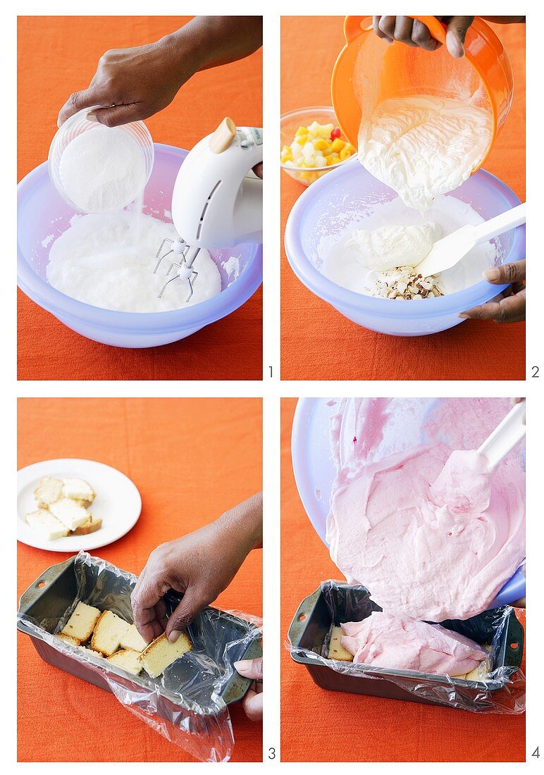 Making ice cream cake with pieces of fruit