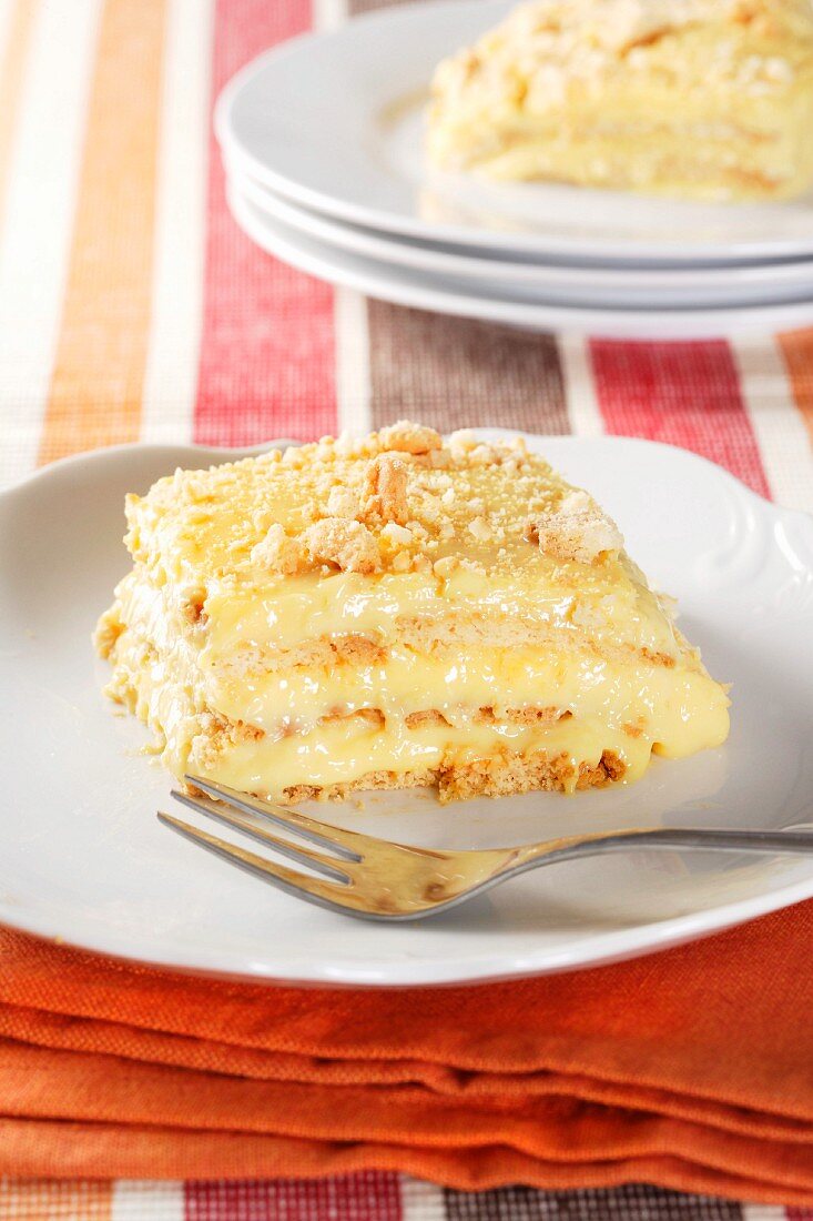 A piece of cake with vanilla custard filling