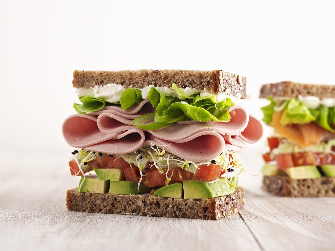 Sliced sausage or salmon and salad sandwiches in whole grain bread