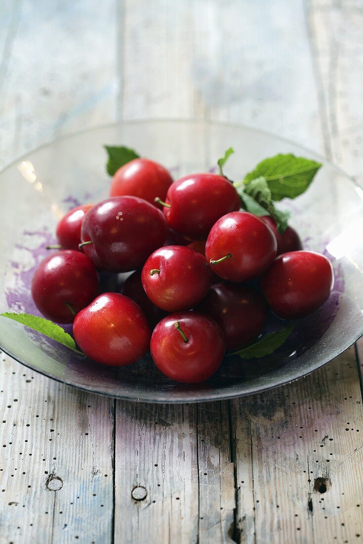 Red plums on glass plate