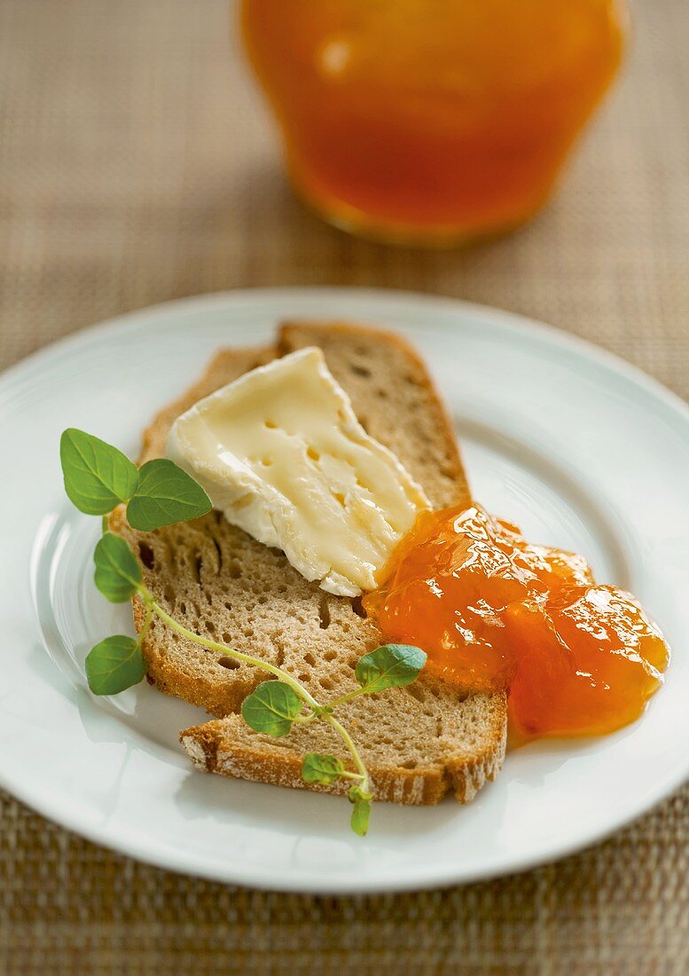 Camembert cheese and apricot jam on bread