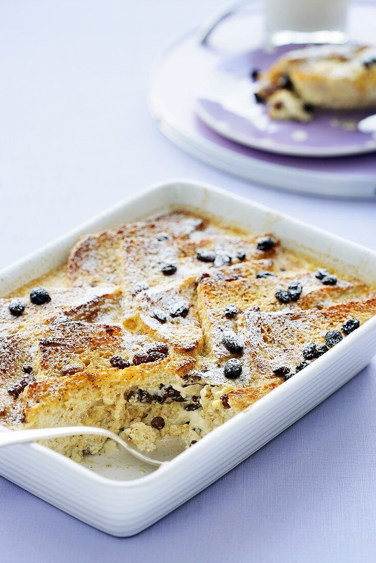 Bread and butter pudding in baking dish