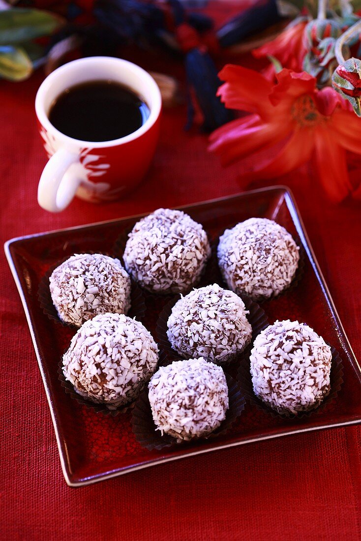 Chocolate truffles coated in grated coconut