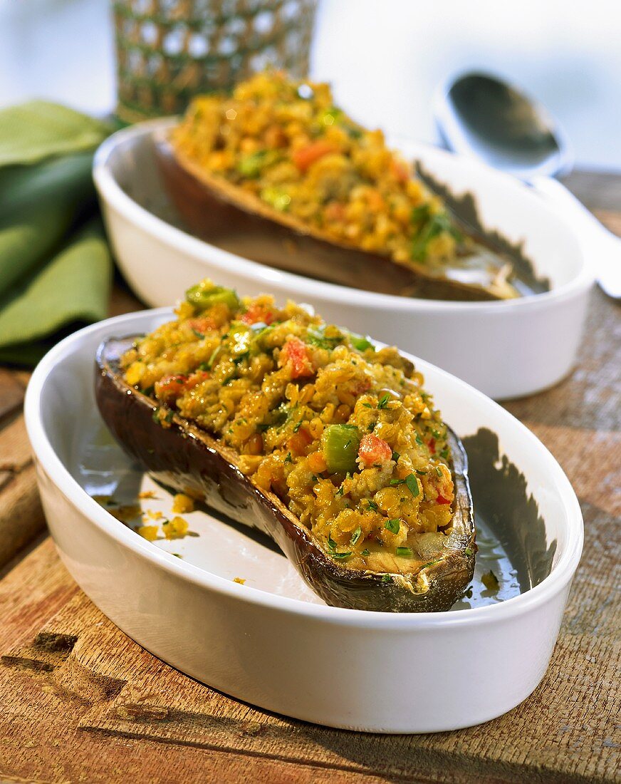 Aubergines with Indian vegetable stuffing