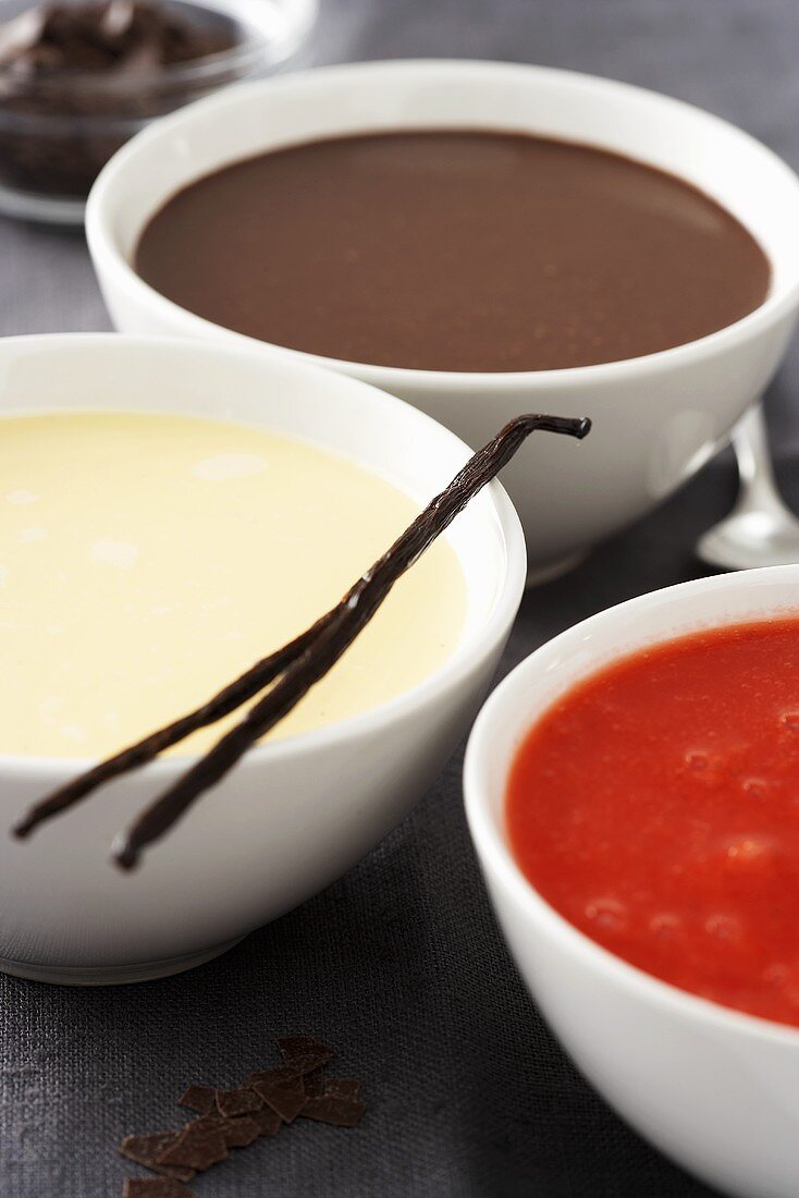 Sweet sauces: strawberry puree, custard, chocolate sauce