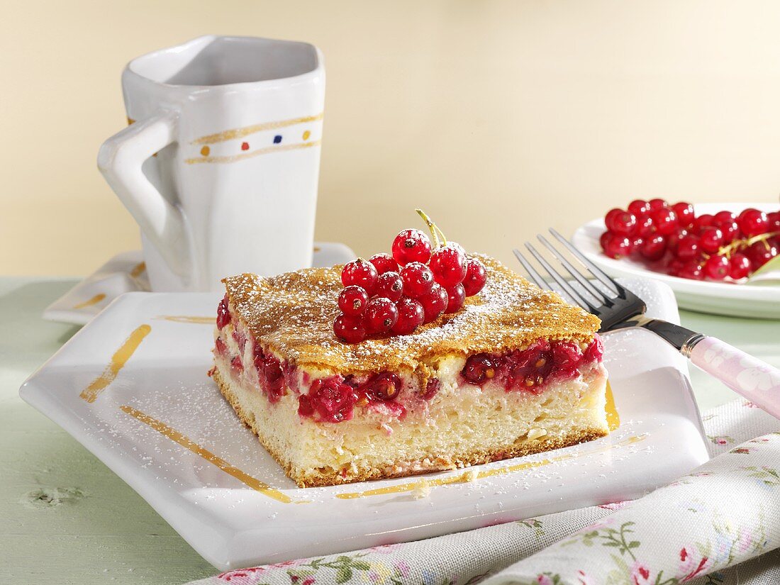 Piece of cheesecake with redcurrants