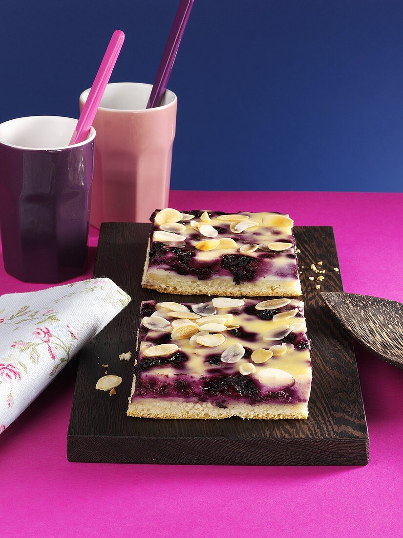 Blueberry cheesecake with flaked almonds