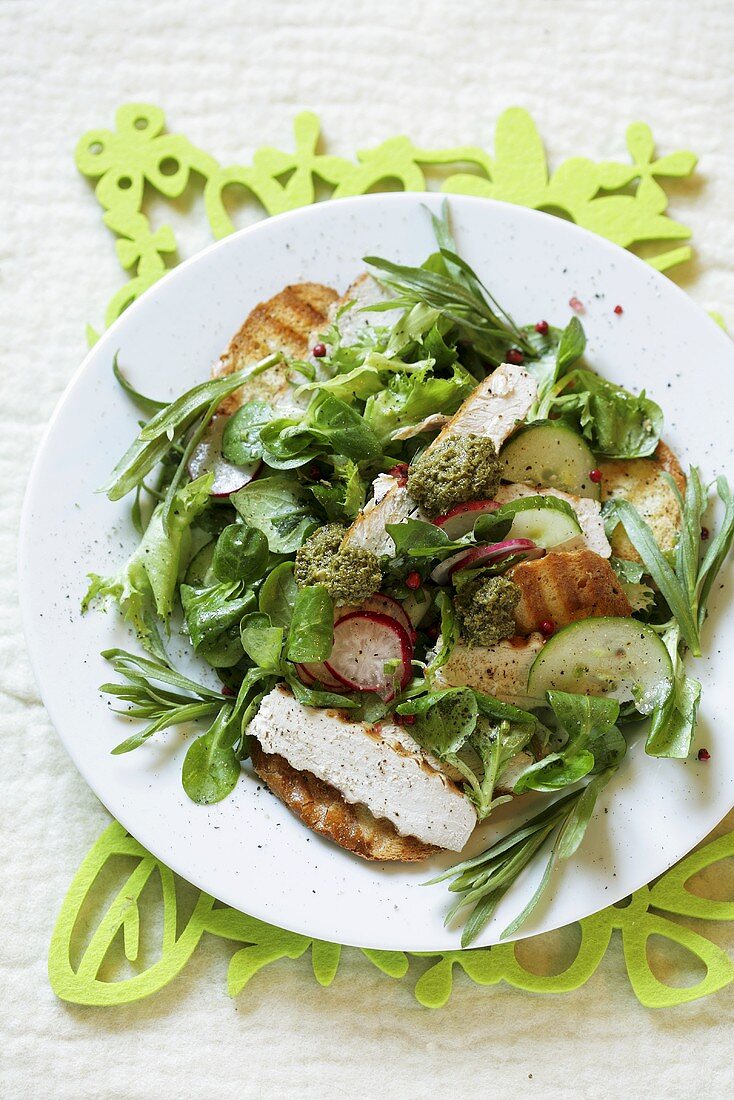 Hähnchensalat mit Radieschen, Gurken, Pesto und Croûtons