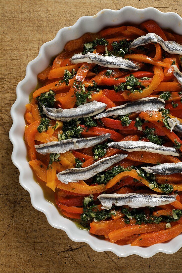 Grilled peppers with anchovies (overhead view)