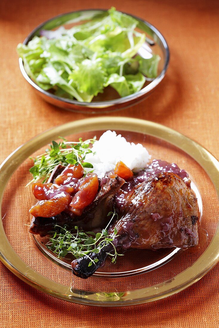 Duck leg with honey sauce and rice
