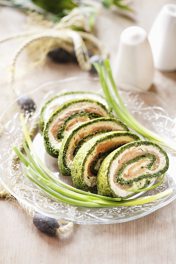 Sliced salmon and spinach roulade