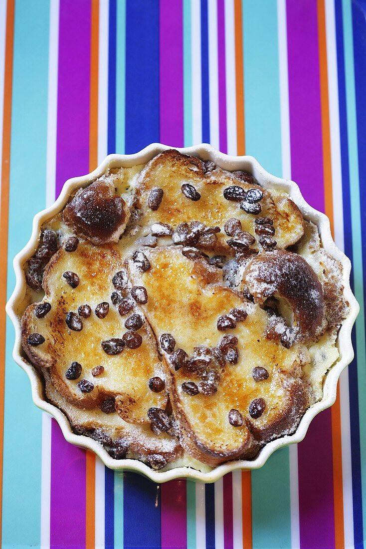 Baked pudding with raisins (overhead view)