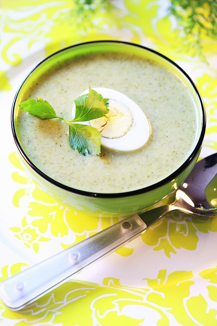 Cream of broccoli soup with boiled egg