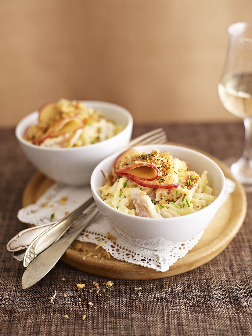 Spaetzle noodles with smoked trout