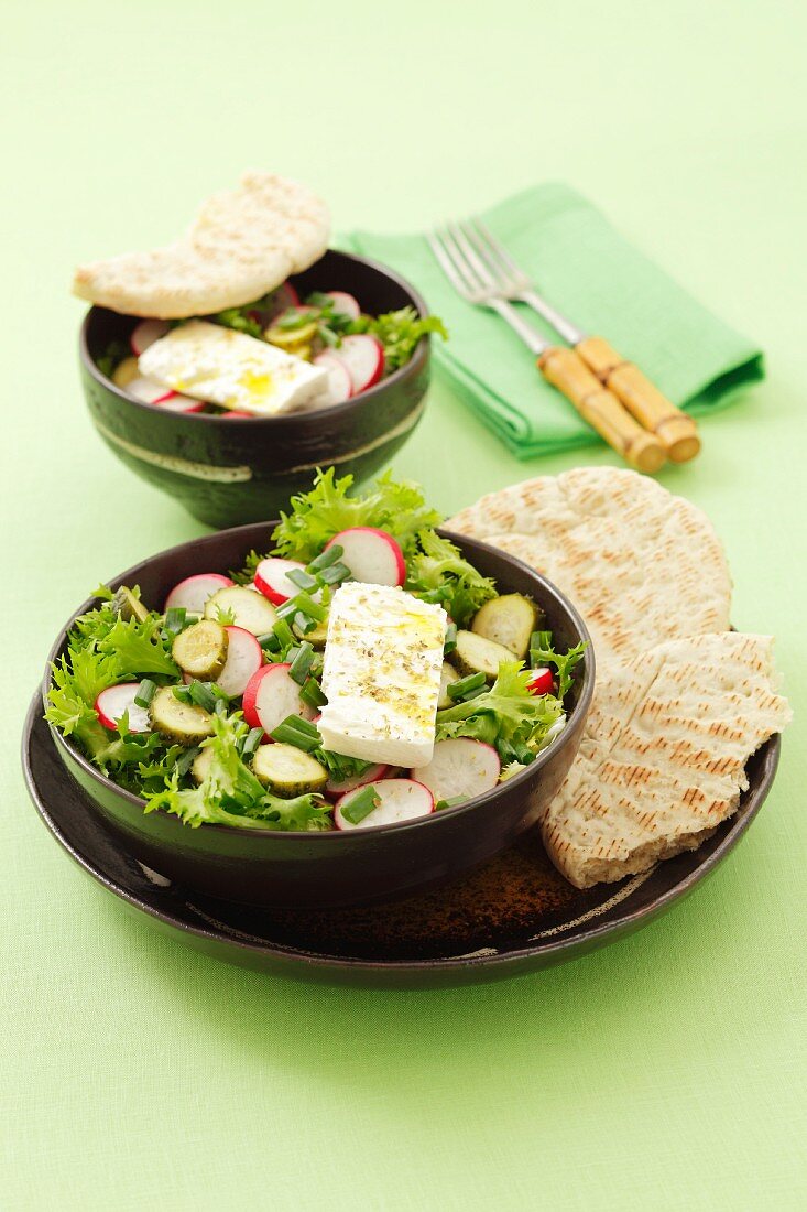 Gemischter Salat mit Radieschen, Gewürzgurken und Fetakäse; dazu Fladenbrot