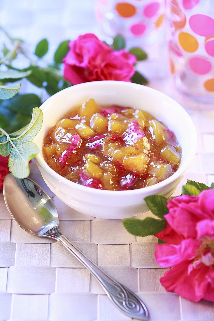 Peach jam with rose petals
