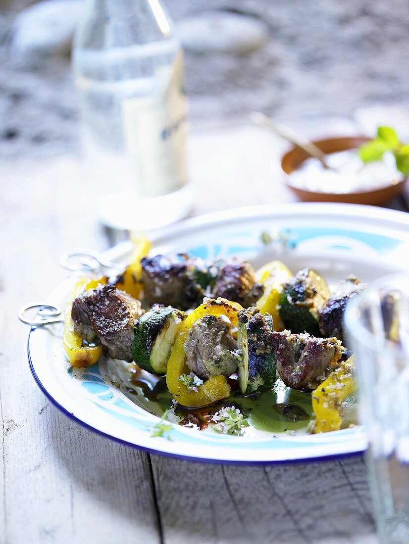 Barbecued lamb, courgette and pepper kebabs
