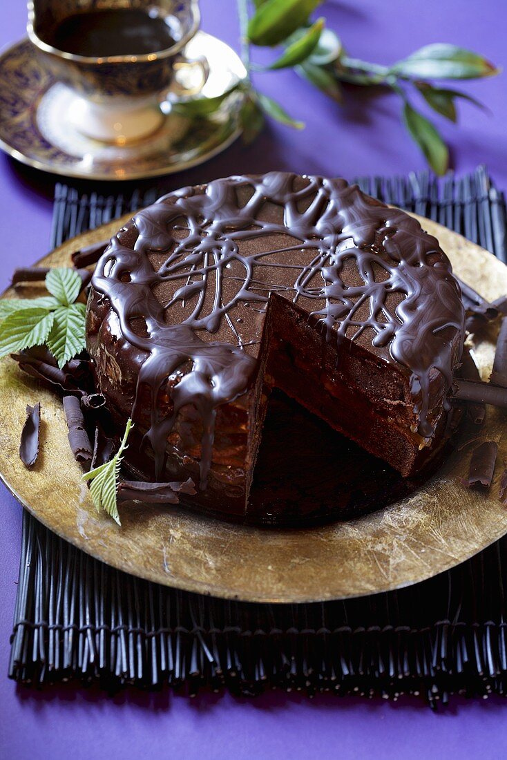 Sachertorte (chocolate cake), a piece removed