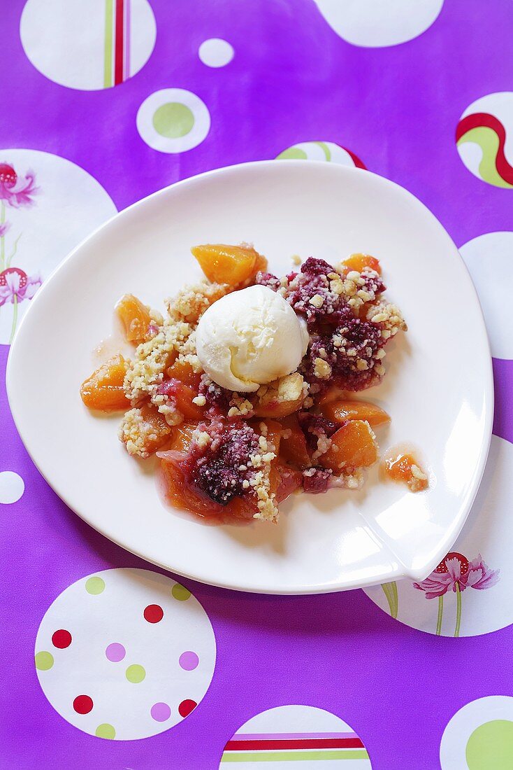Apricot dessert with nuts and vanilla ice cream