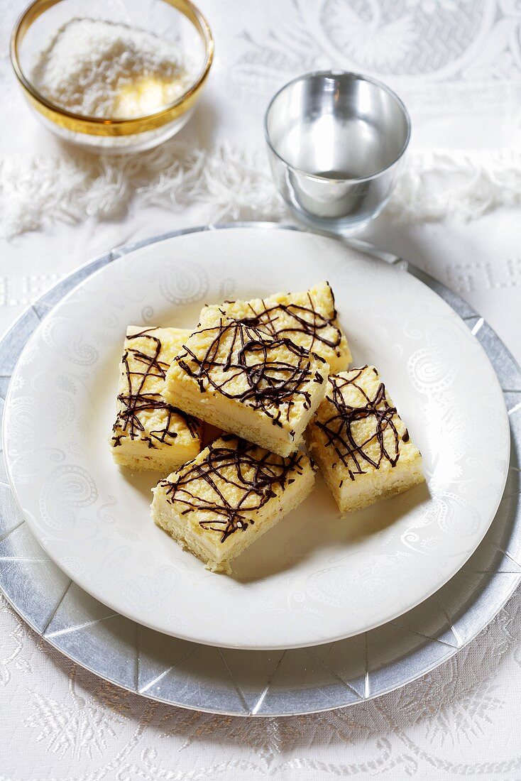 Cream slices with chocolate drizzles